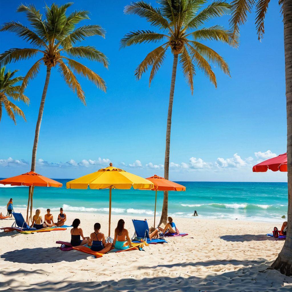 A vibrant beach scene showcasing diverse individuals in trendy swimwear, engaging in various outdoor activities like beach volleyball, surfing, and yoga on the sand. The sun is shining brightly with palm trees swaying gently in the background, and colorful beach umbrellas dotting the shoreline. Capture the essence of Florida's beach lifestyle, with a cheerful and inviting atmosphere. super-realistic. vibrant colors. beach setting.