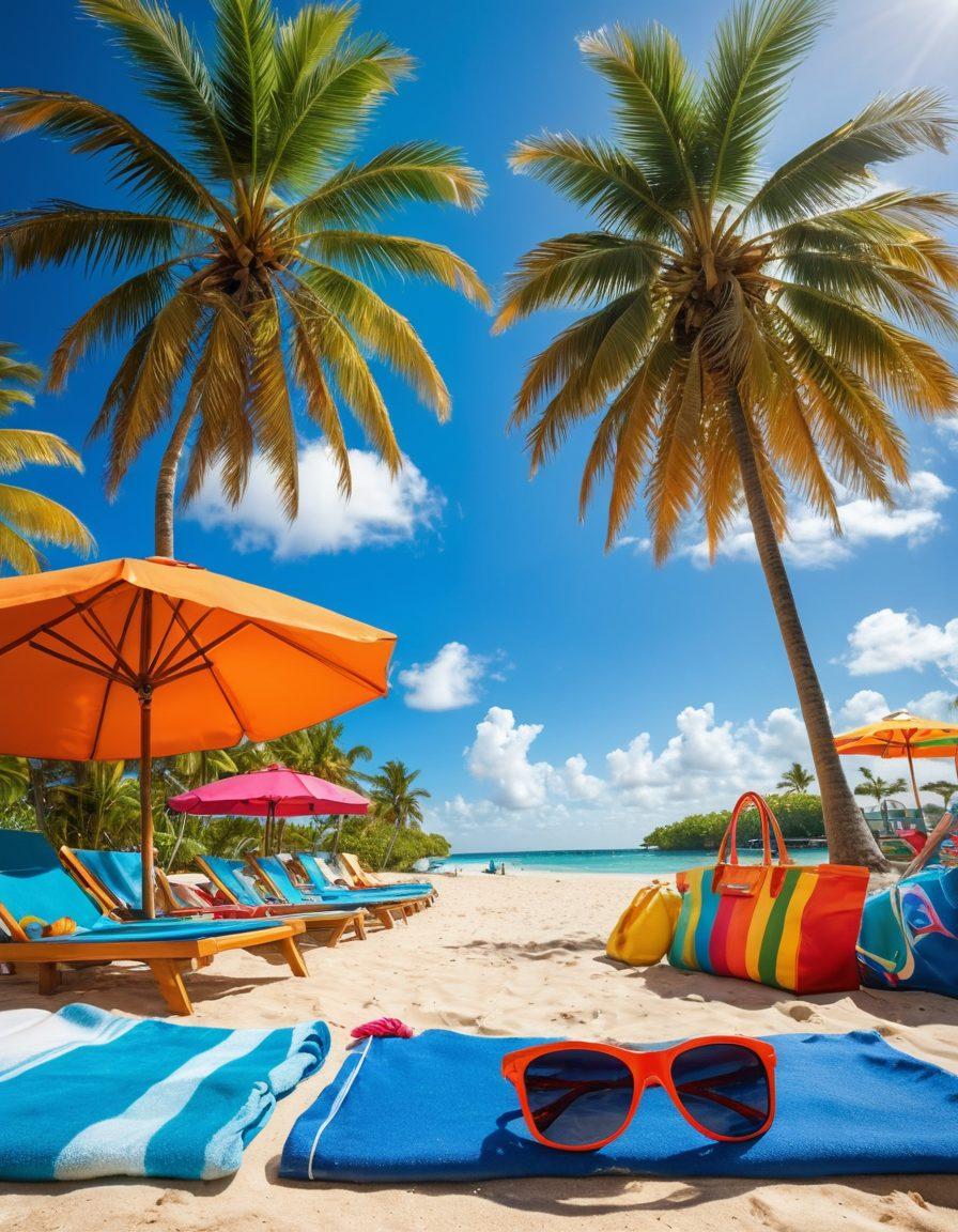 A vibrant scene depicting a sunny Lauderdale Lakes beach filled with colorful beachwear like swimsuits, flip-flops, and sun hats. In the foreground, stylish beach accessories like sunglasses, towels, and beach bags scatter across the sand. Capture the essence of fun and adventure with playful beachgoers engaged in activities like volleyball and paddleboarding. The background should showcase lush palm trees and a bright blue sky. super-realistic. vibrant colors.